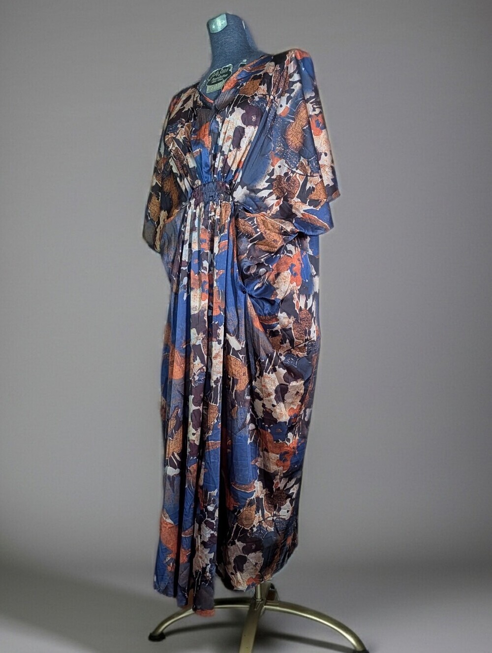 HCYUEXI Like New Silk Blend Cocoon Kaftan Maxi Dress 30s Style Abstract Floral